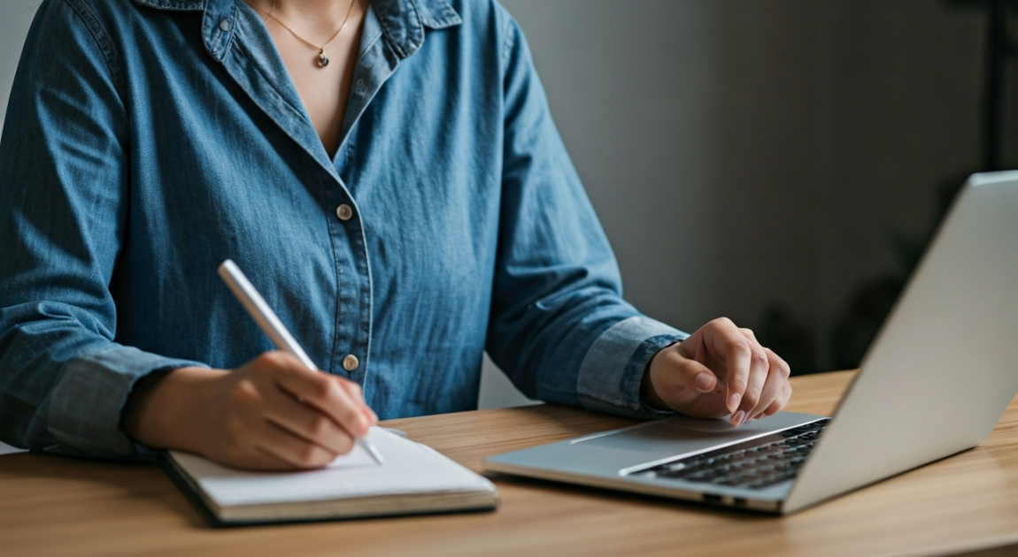 机で事務作業をしている女性