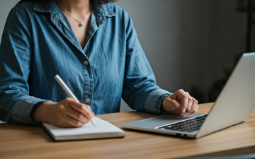 机で事務作業をしている女性